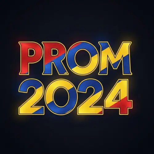 Vibrant Prom 2024 Text with Red Blue Yellow Colors