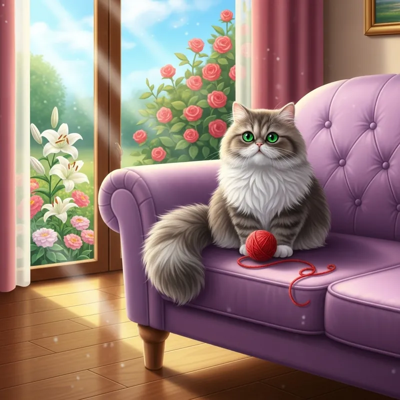 Fluffy Persian Cat Relaxing on Lavender Sofa