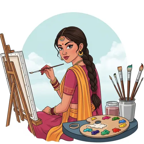 South Asian Woman Painting Scene | Art Supplies Surrounding Her