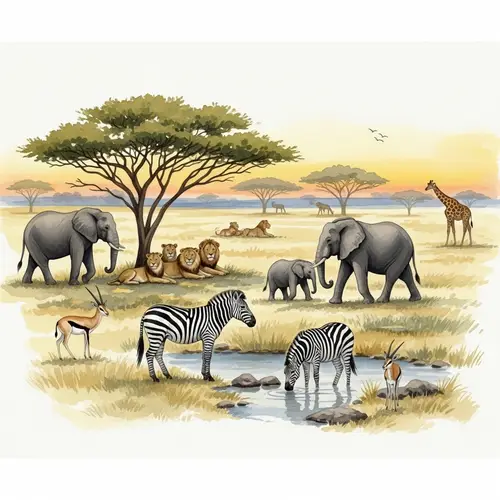 Watercolor African Safari Scene: Vibrant Wildlife and Scenery