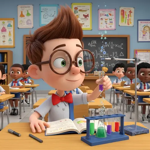 Curious Cartoon Boy in Vibrant Classroom