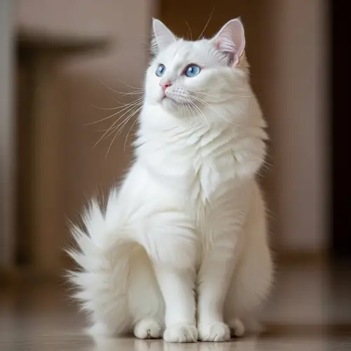 Graceful White Cat with Fluffy Tail - Curiosity and Anticipation