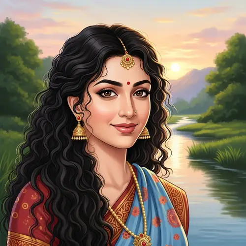 Tranquil Beauty of a South Asian Woman in Sari by Serene River