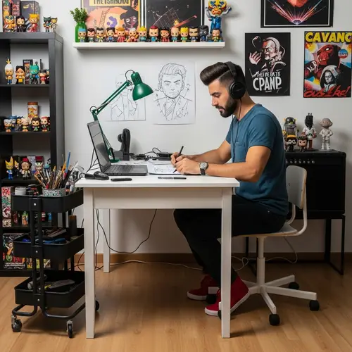 Engaged Hispanic Comic Illustrator Creating Art with Music