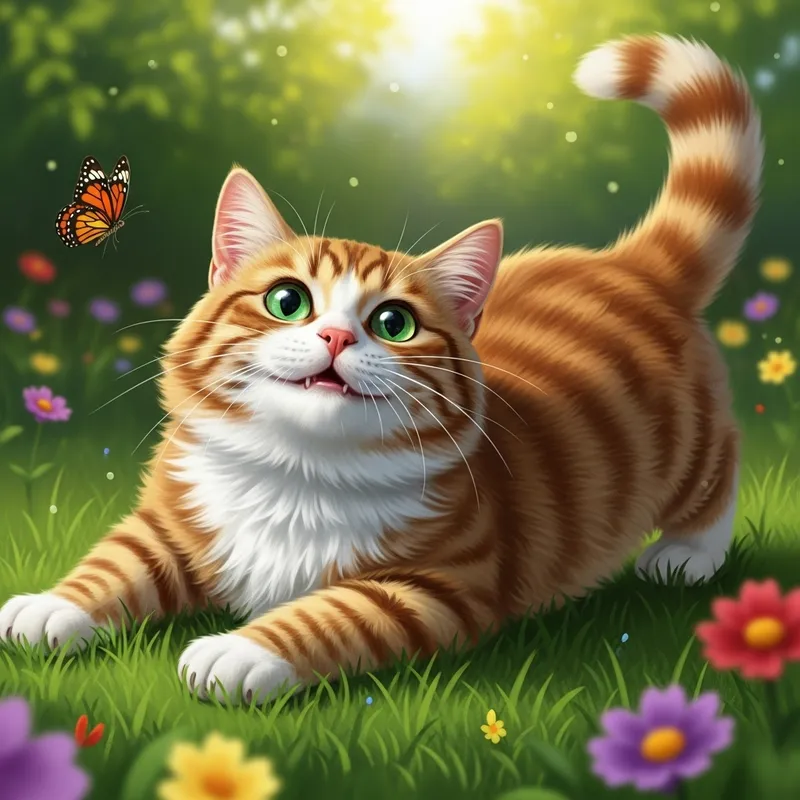 Happy Tabby Cat in Lush Garden | Green-Eyed Feline Beauty