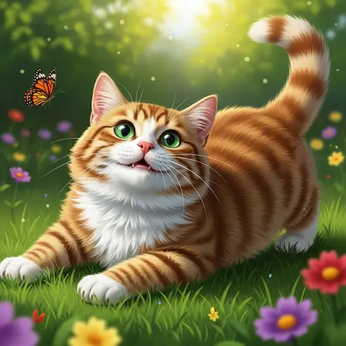 Joyful Tabby Cat in South Asian Garden | Content Cat with Green Eyes