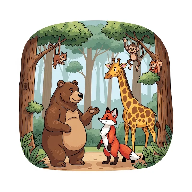 Enchanting Forest Encounter: Bear, Fox, Giraffe, Monkey & Squirrel