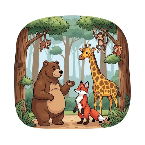 Friendly Forest Scene with Bear, Fox, Giraffe, Monkey, and Squirrel