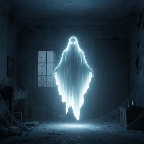 Spectral Figure with Eerie Glow in Abandoned House