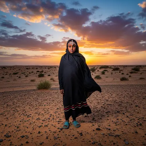 Resilient Somali Girl in Traditional Attire Among Desert Dunes