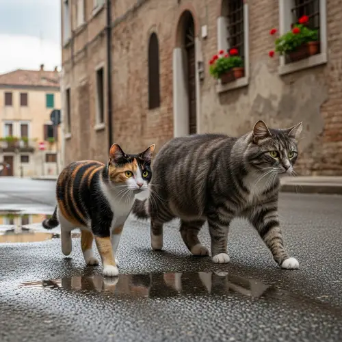 Tricolor and Gray Cats Walking Together on the Street