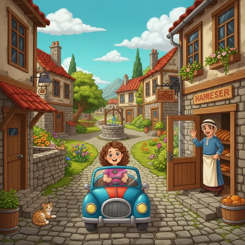 Young Girl Driving Colorful Car in Countryside Village