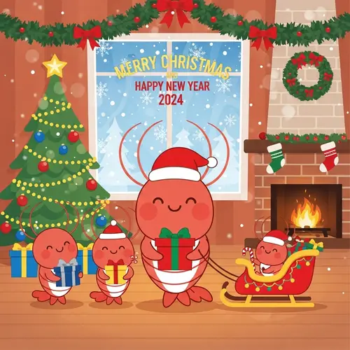 Joyful Shrimp Family Celebrate Christmas with Wrapped Gifts