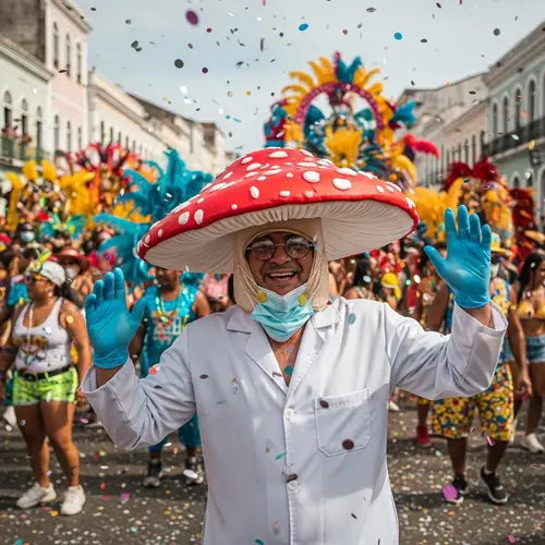 Man Dancing with Red Mushroom Hair at Brazilian Carnival
