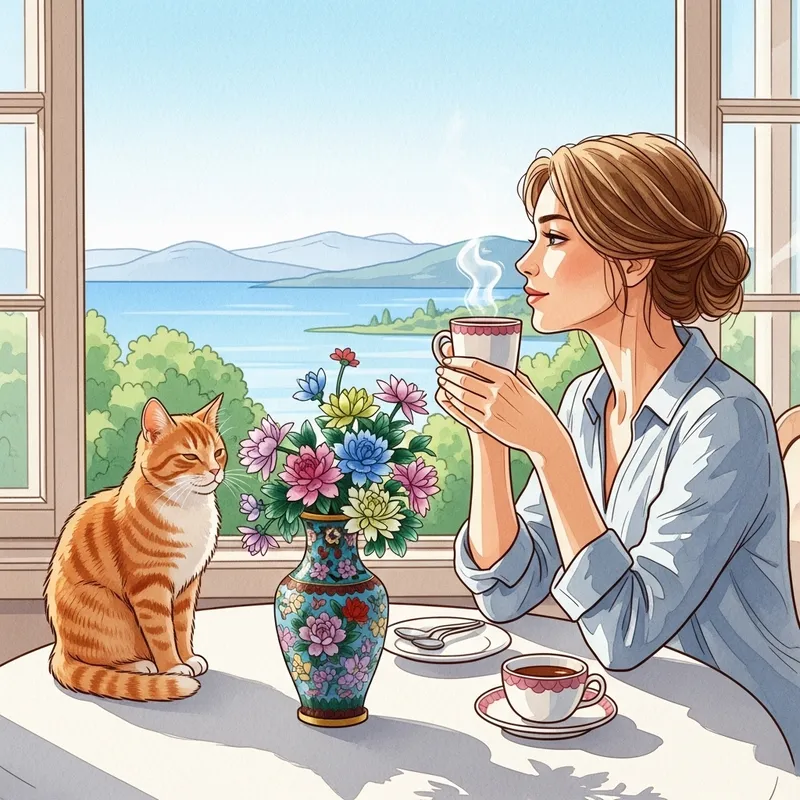 Graceful Woman Cherishing Morning Coffee with Scenic View