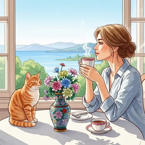 Morning Coffee with Scenic View featuring Graceful Woman and Content Cat
