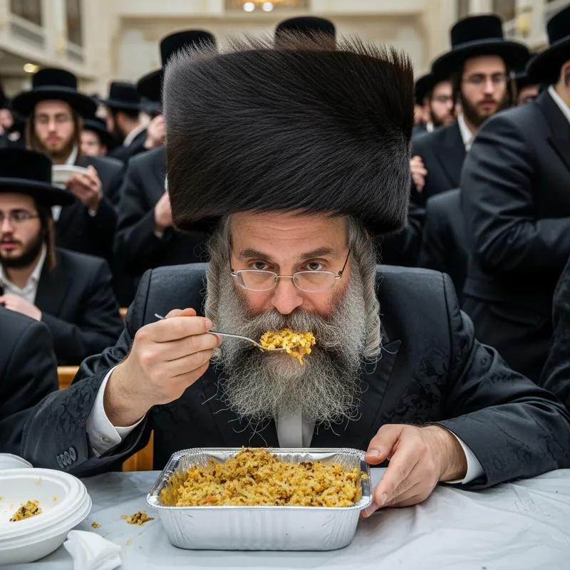 Ultra Hasidic Rabbi Enjoys Kugel with Diverse Congregation