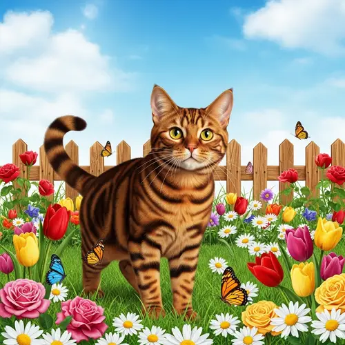 Vibrant House Cat in Blossoming Garden - Summer Scene