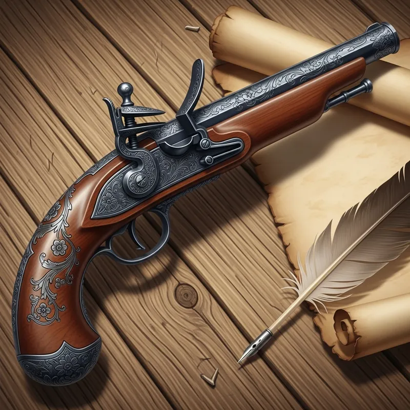 Vintage Black Flintlock Pistol with Floral Designs | Detailed Illustration