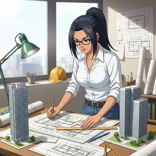 Architect Character in Anime Style | South-Asian Woman with Blueprints