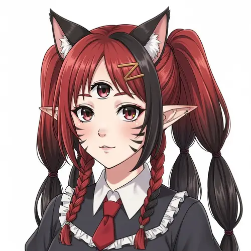 Anime-Style Girl Hybrid : Cat & Elf with Unique Hairdo