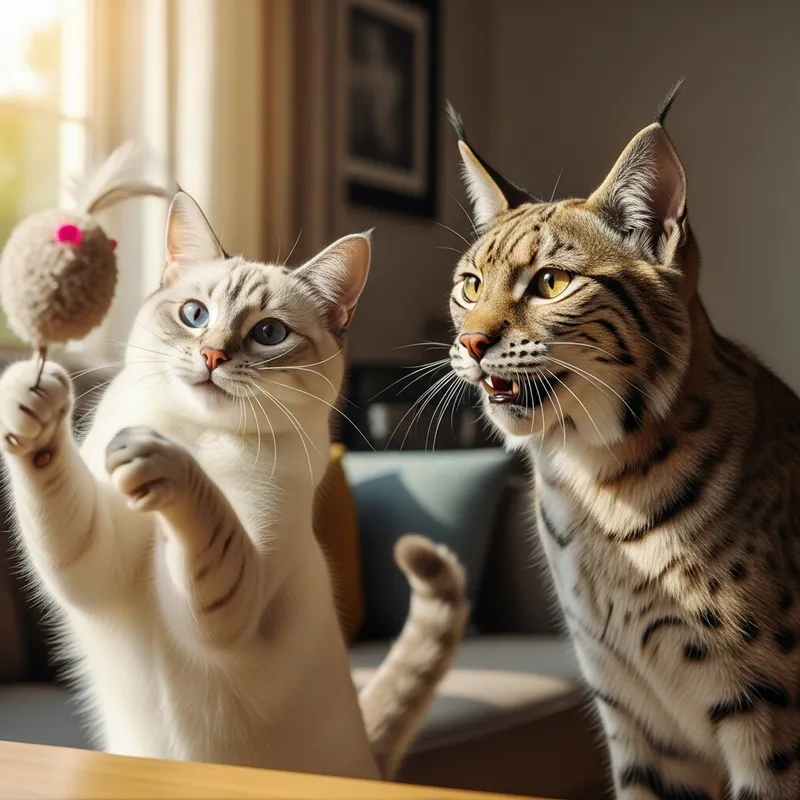 Playful White Cat Pichi and Sunlit Golden-Eyed Lynx-Like Cat