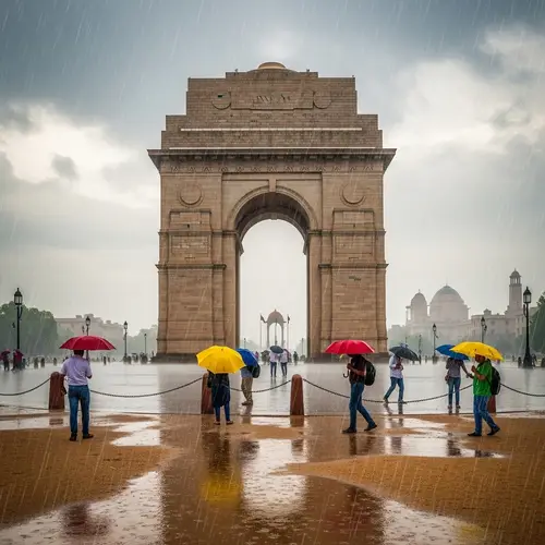 Majestic India Gate: Amidst Rain and Colorful Umbrellas