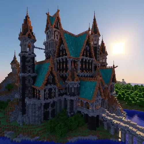 Grand Gothic Medieval Modern Castle with Copper Roofing in Minecraft HD