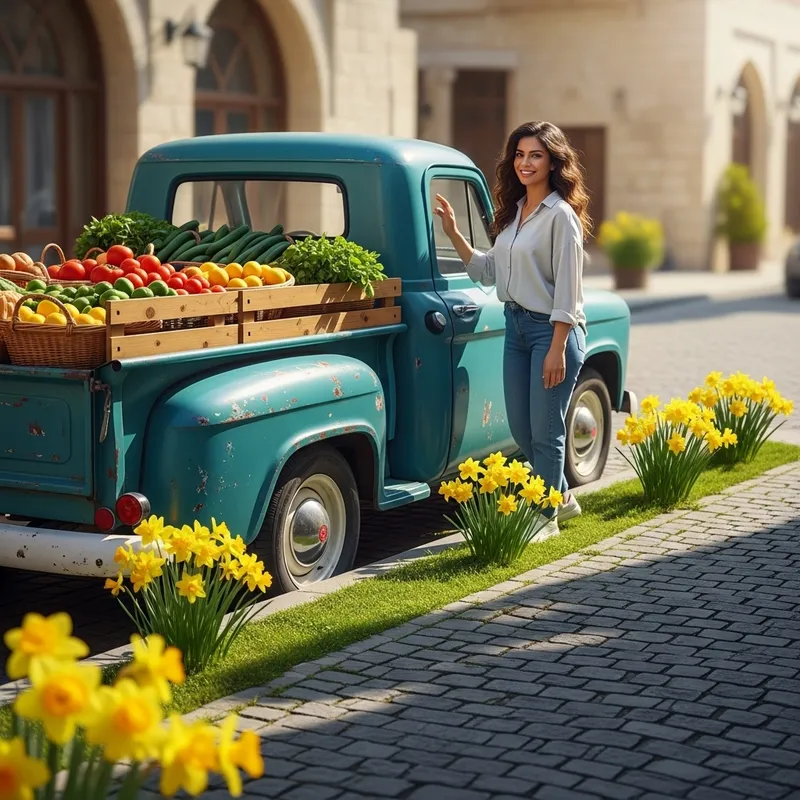 Photo-Realistic Smiling Middle-Eastern Woman by Truck and Daffodils