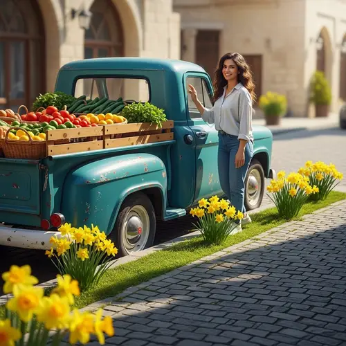 Smiling Middle-Eastern Woman with Truck and Daffodils