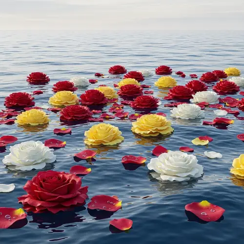 8K Highly-Detailed Image of Red, Yellow, and White Roses on Blue Sea