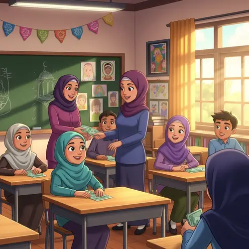 Pixar Cartoon Hijab Students Receiving Raya Money | Festive Classroom Scene