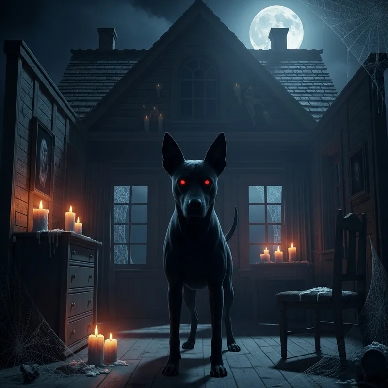 Spooky Black Dog with Red Eyes in Haunted House