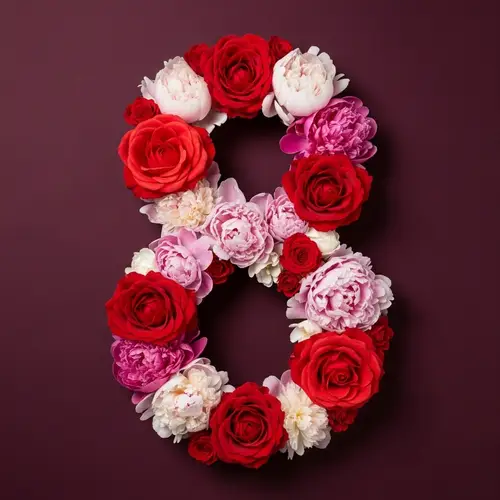 Number 8 Surrounded by Red Roses and Peonies