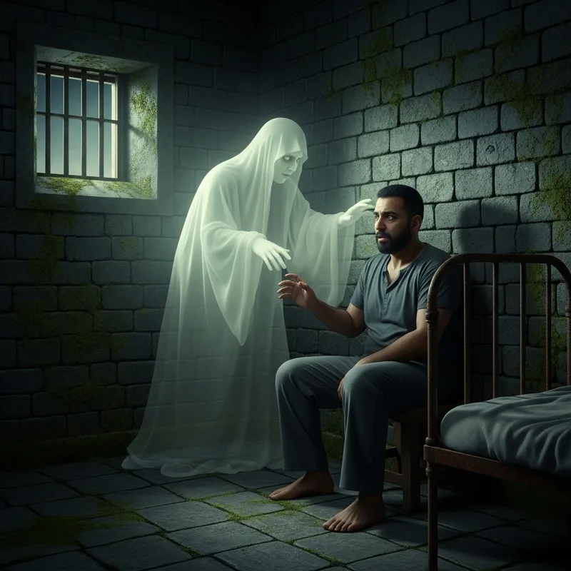 Ethereal Ghost Visits Middle-Eastern Prisoner at Night - Haunting Encounter