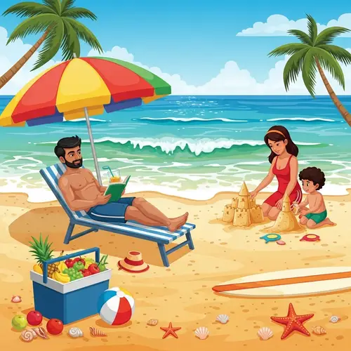 Idyllic Summer Beach Scene: Seashells, Umbrella & Beach Activities