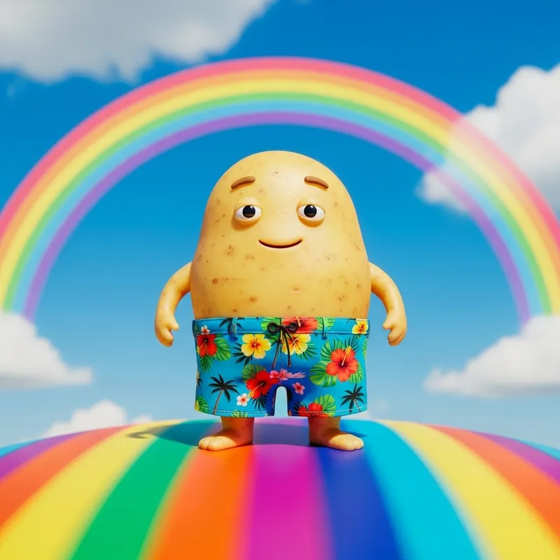 Potato in Bermuda Shorts on Rainbow - Colorful Scene