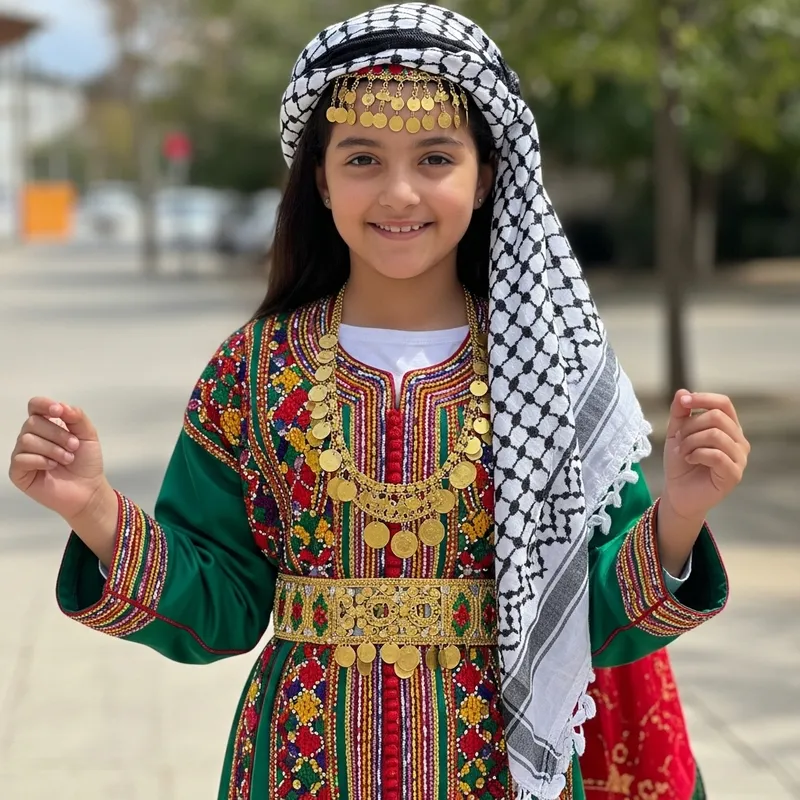 Algerian Girl in Naili Dress and Palestinian Kofia