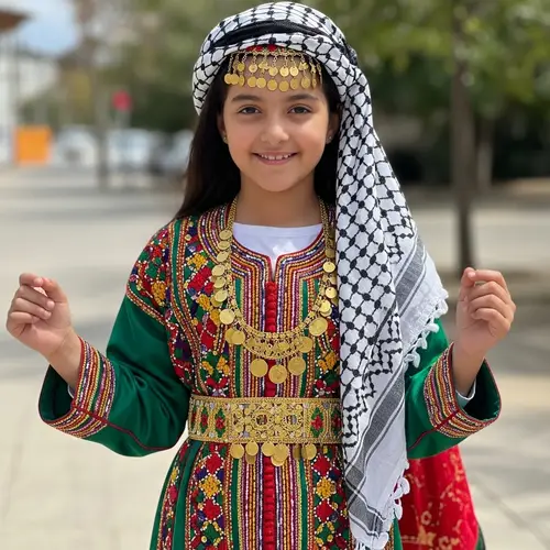 Algerian Girl in Traditional Naili Dress with Palestinian Kufiya