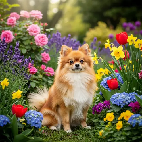 Fluffy Pomeranian Dog Surrounded by Colorful Flowers