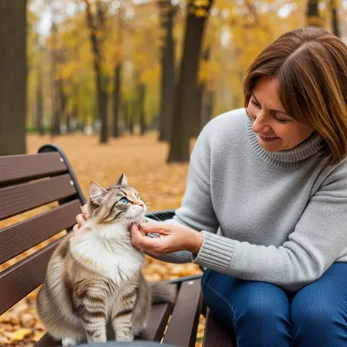 Multicolored Fluffy Cat and Loving Middle-aged Woman in Peaceful Park Setting