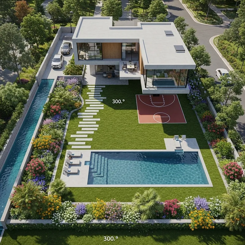 Modern 300 sqm Levitated House Plan with Garden, Pool, Basketball Court and Water Elements Modern 300 sqm Levitated House Plan with Garden, Pool, Basketball Court and Water Elements
