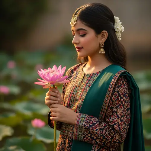 Young Indian Girl in Traditional Outfit Holding Lotus Flower