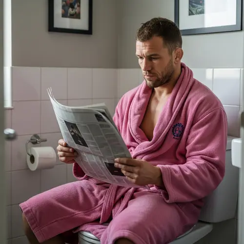 Khabib Nurmagomedov in Pink Bathrobe Reading Newspaper