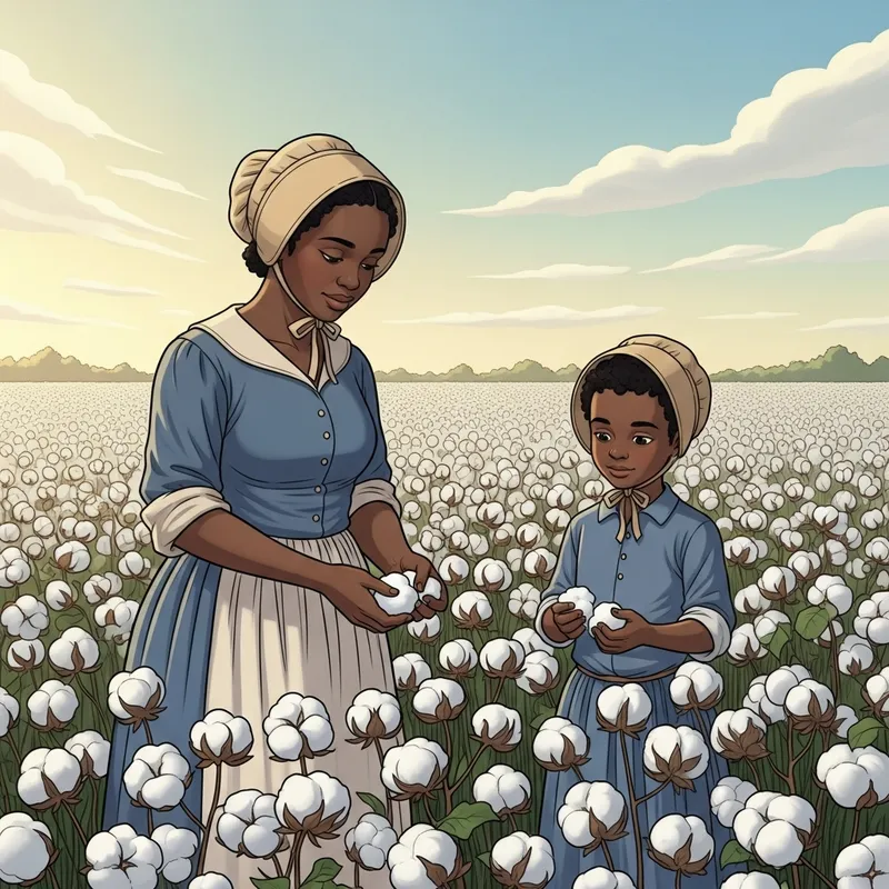 Heartwarming Cartoon of Young Black Mother and Son Picking Cotton Heartwarming Cartoon of Young Black Mother and Son Picking Cotton