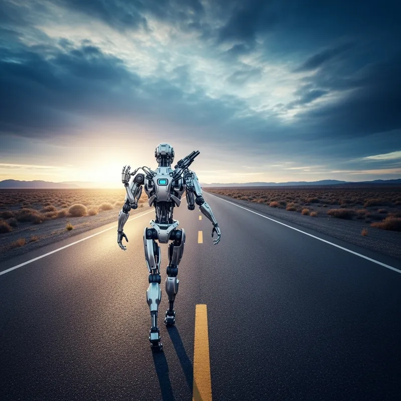 Futuristic Robot Walking on Road - Post-Apocalyptic Scene