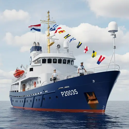 Resilient Navy Blue Ship Sailing on Serene Sea