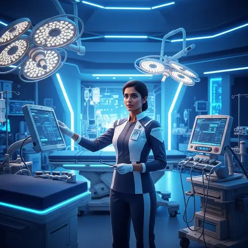 Futuristic South Asian Female Nurse | Advanced Medical Tools