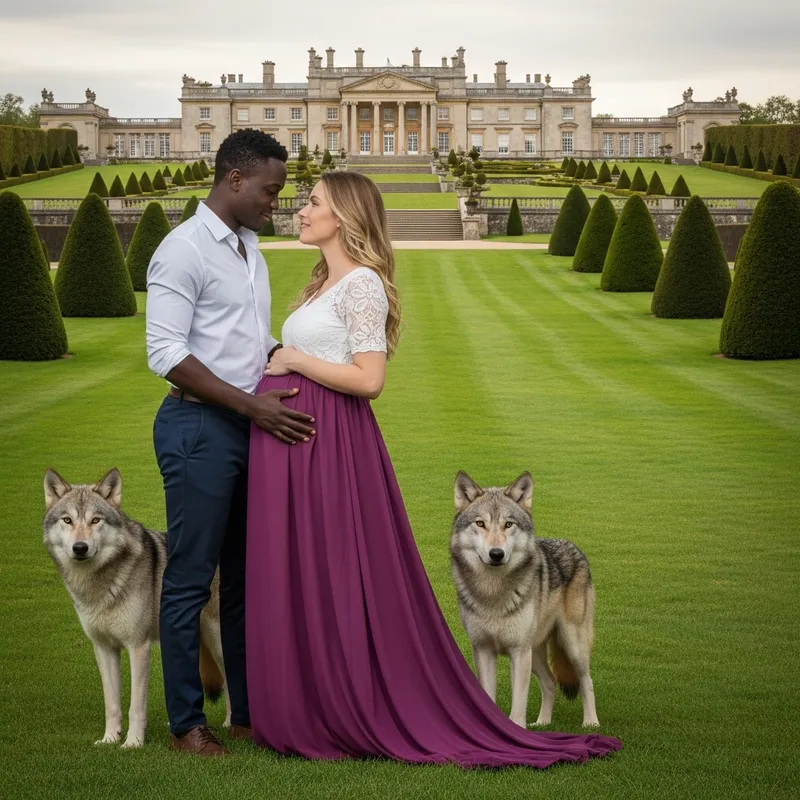 Interracial Couple with Wolves in Romantic Pose at Grand Mansion