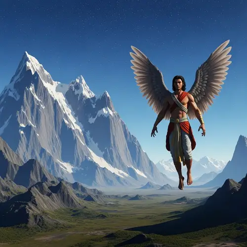 Fantasy Mountain Landscape with Winged Humanoid | Alien Twilight